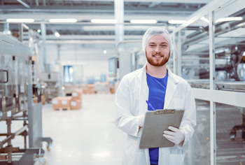 Man in manufacturing plant with lab coat, gloves and clipboard